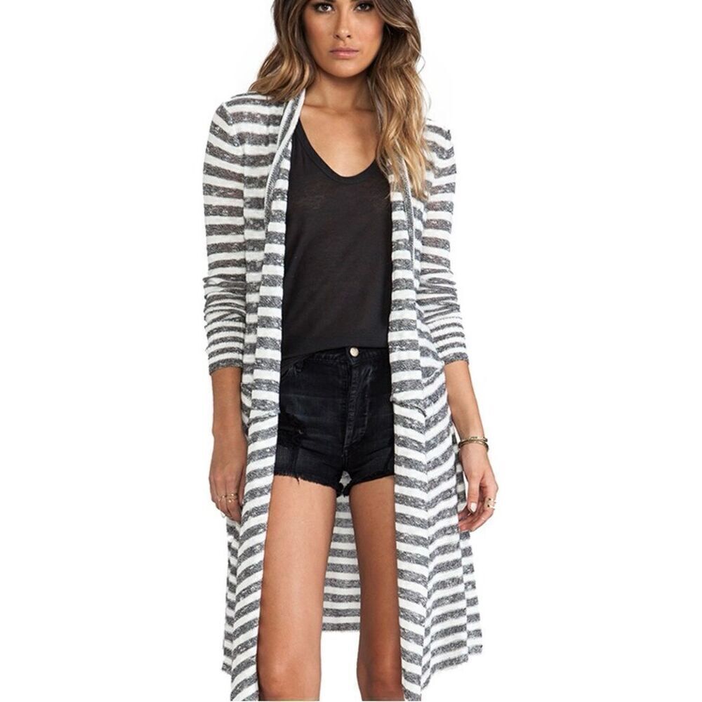 Free People Forget Me Not Stripe black white Open LONG Cardigan Sweater sz L